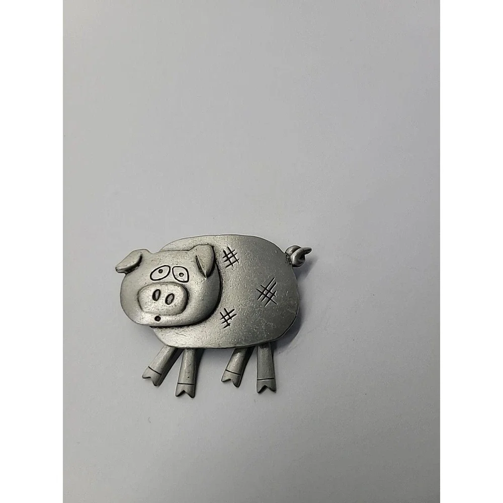 Vintage JJ Jonette Pig Brooch Silver Tone Dangle Articulated Legs Farm Animal